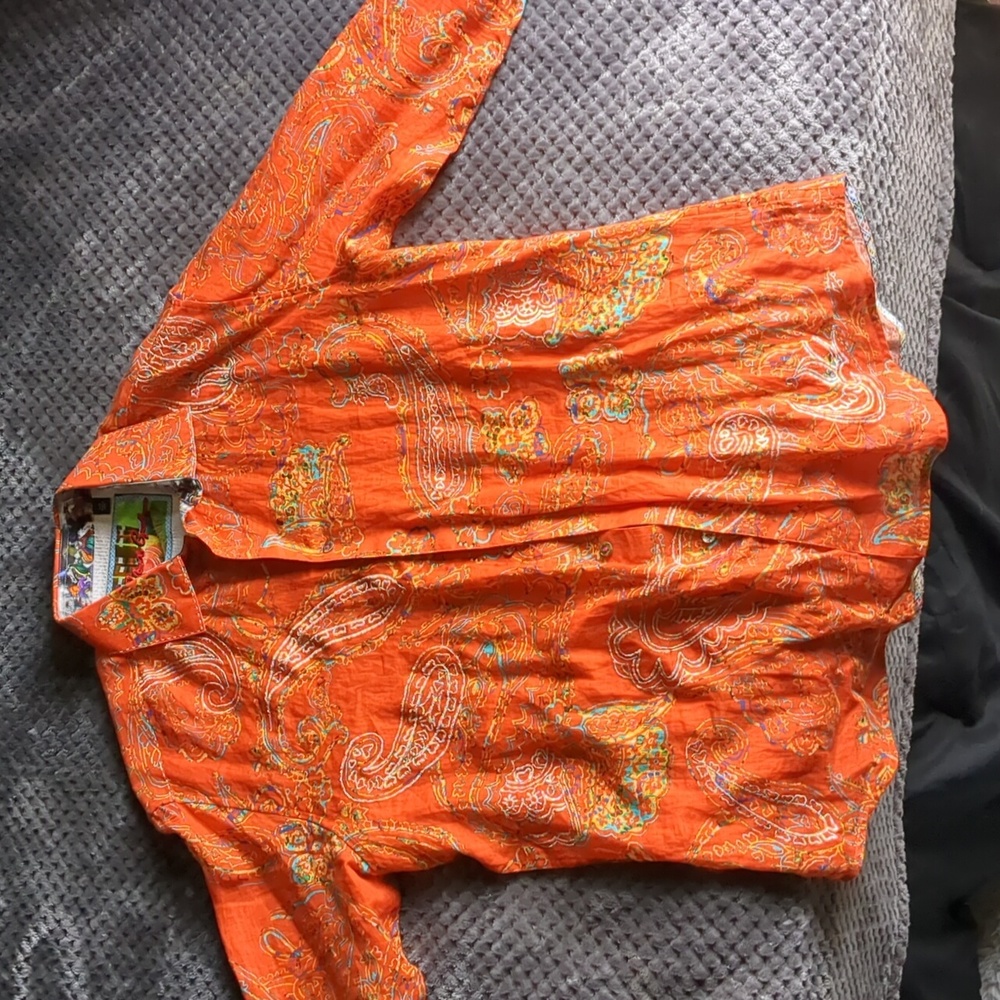 Robert Graham Orange Paisley Long Sleeve Shirt Linen W/ Embroidery L